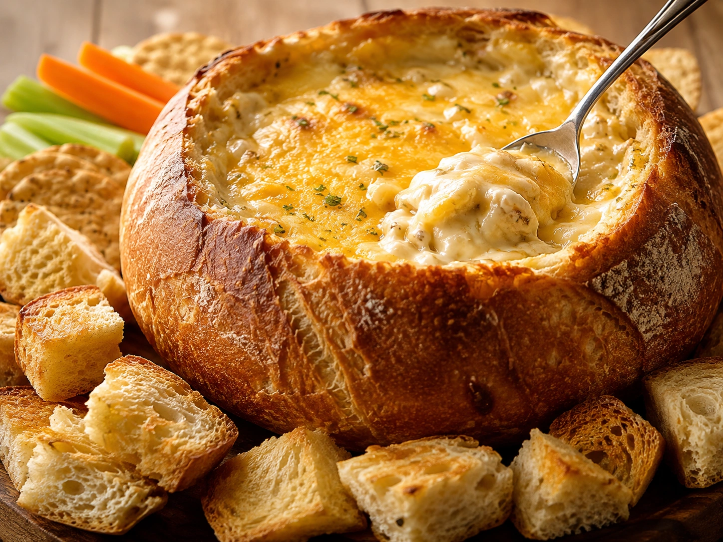 Finished Cob Loaf Dip in a crusty bread bowl with golden bubbling cheese and toasted bread pieces